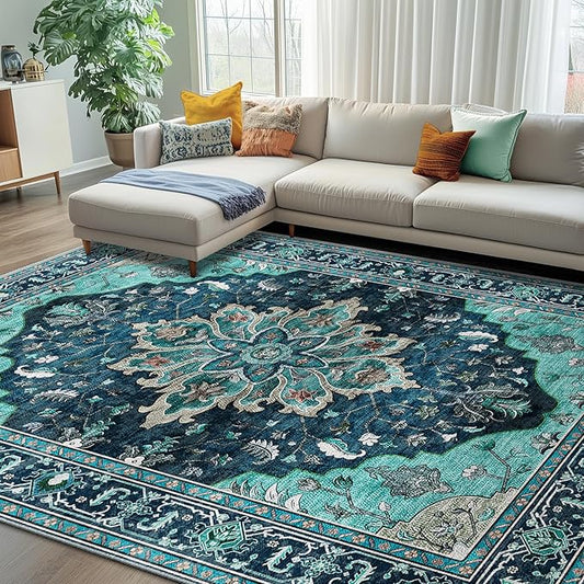 Area Rugs 8'x10' Washable Non-Slip, Floral Vintage Distress Print Pattern Medallion Carpet for Living Room Bedroom Dining Room, Teal Green Lake Blue Turquoise