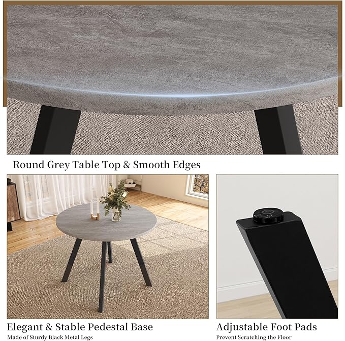34.6'' Dining Table and Chairs for 4, Mid Century Modern Round Table Set, Space Saving for Apartment Kitchen Dining Room (Grey Table+4 U-Shaped Black Chairs)