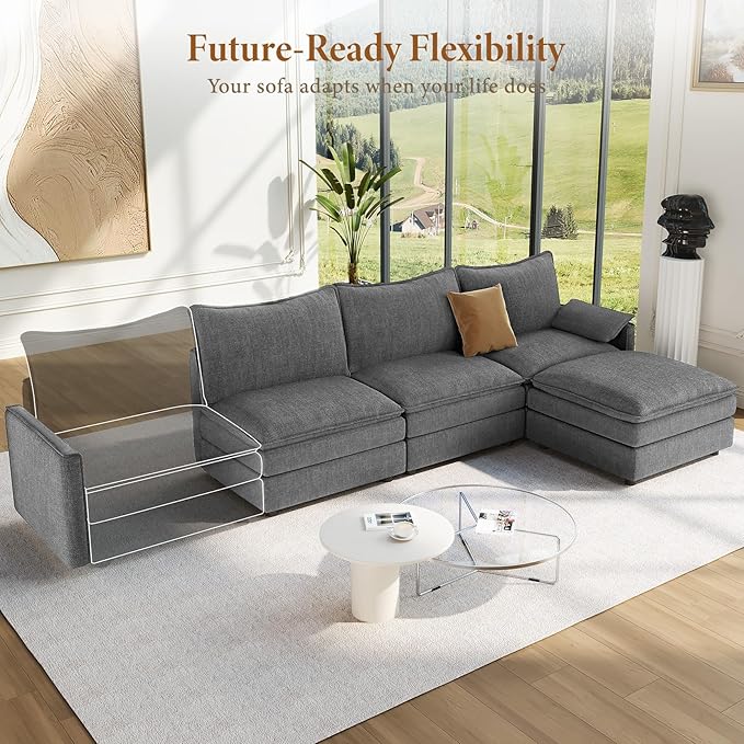 Vesgantti 108" Modular Sectional Sofa, Comfy Cloud Couch with Movable Ottoman Deep Seat Chenille L Shaped Modular Sofa, Sectional Couches for Living Room, Bedroom and Apartment, Gray