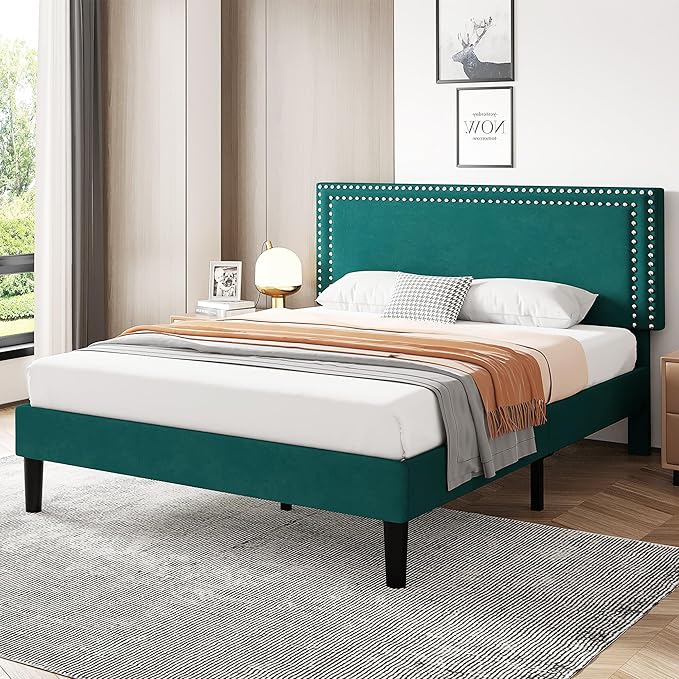 VECELO Full Size Bed Frame with Adjustable Upholstered Headboard, Wooden Slats Platform, Noise-Free Design, No Box Spring Needed, Easy Assembly