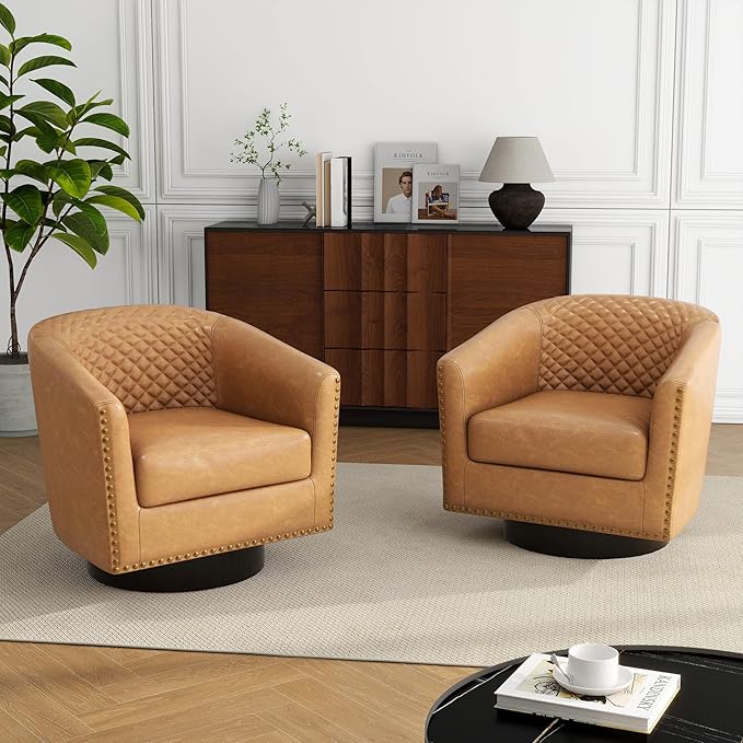 Swivel Barrel Accent Chair, Comfy Modern Upholstered Round Faux Leather Arm Chair for Living Room, Bedroom（Coffee, Set of 4