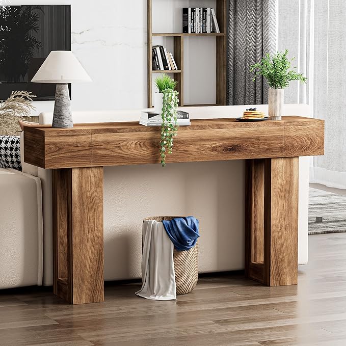 63 Inch Long Console Table, Narrow Rectangular Sofa Table Behind The Couch, Farmhouse Entryway Table for Entrance, Hallway, Living Room (Brown)
