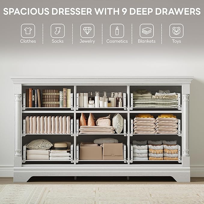 LIKIMIO Farmhouse Dresser for Bedroom with 9 Drawers, 58" Wide Wood Chest of Drawers with Roman Column, Dresser TV Stand for 65", Closet Storage Dressers Organizer for Bedroom, Living Room, Hallway