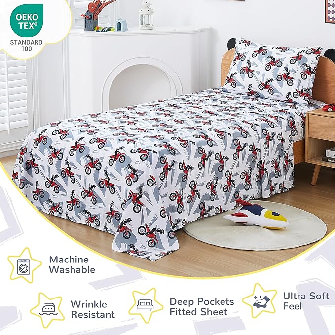Viviland 4 Pieces Boys Grey Full Sheet Set - Soft Microfiber Fitted Flat Sheets & Pillowcase - Red Motorcycle Print Bedding Sets - for Kids & Toddlers