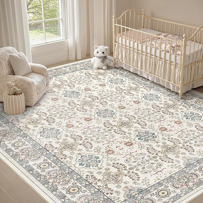 Area Rugs for Living Room: 8x10 Washable Rug Vintage Boho Floral Print - Ultra Thin Stain Resistant Large Soft Non Slip Foldable Carpets for Bedroom Dining Room Office Nursery - Multi