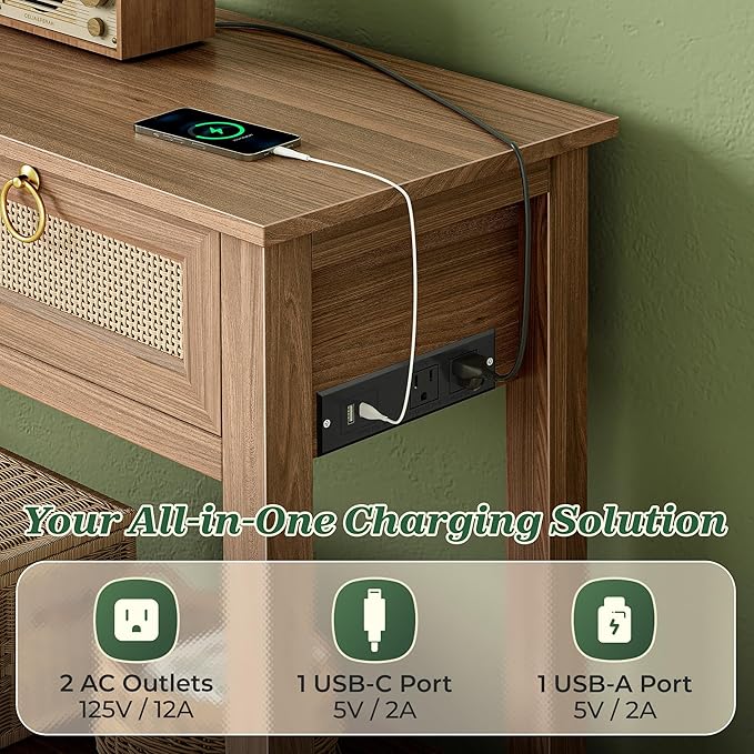 SUPERJARE Rattan Console Sofa Table with Outlets and USB-C Port, 3 Drawer Entryway Table with Synthetic Rattan Surface, Open Shelf, Behind Couch Entry Foyer Hallway Storage, Brown