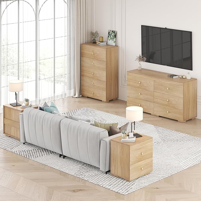 Dresser for Bedroom 6 Drawer Wood Dresser 58.3" Wide, Large Chest of Drawers for Bedroom, Living Room, Hallway, Entryway, Modern TV Stand Drawer Organizer, Light Oak