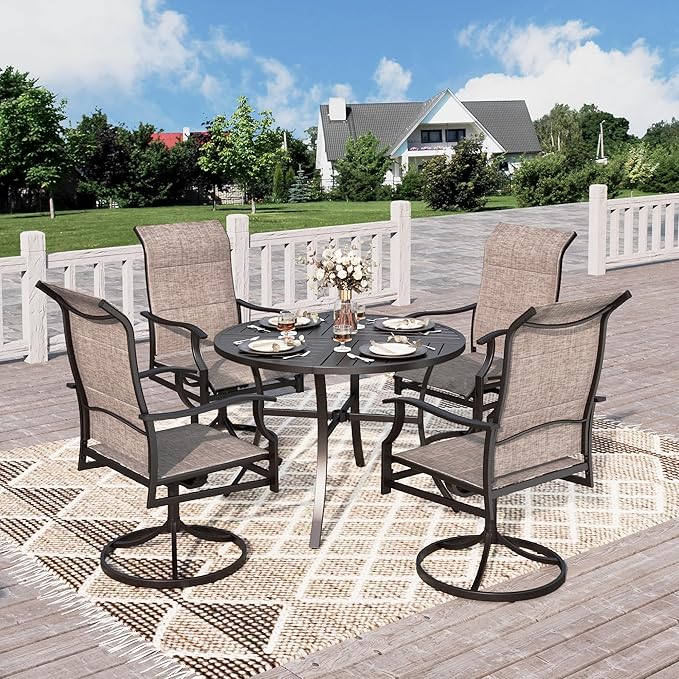 HERA'S HOUSE Outdoor Patio Dining Set of 5, 5 Piece Outdoor Table and Chairs Set of 1 Round Patio Table and 4 Quick Dry Textilene Swivel High Back Rocking Chairs for Lawn, Park, and Garden