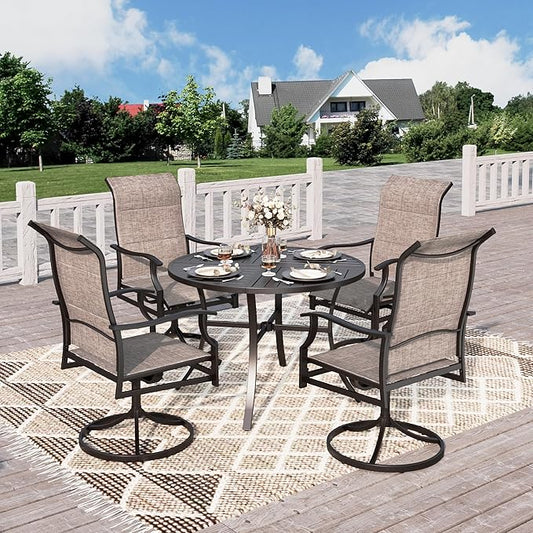HERA'S HOUSE Outdoor Patio Dining Set of 5, 5 Piece Outdoor Table and Chairs Set of 1 Round Patio Table and 4 Quick Dry Textilene Swivel High Back Rocking Chairs for Lawn, Park, and Garden