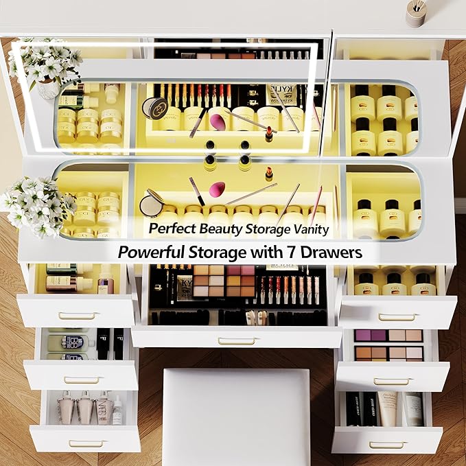 Galss Top Vanity Desk with Mirror and Lights, Large Storage Makeup Vanity with 7 Drawers, White Vanity Table with Side Glass Cabinet, Adjustable Brightness Dressing Table Set with Stool