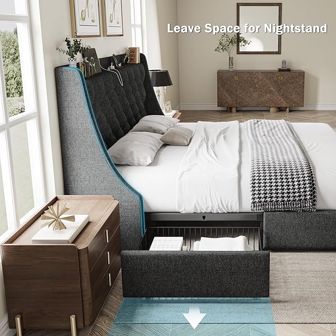 Full Size Bed Frame with 4 Storage Drawers, Giant Upholstered Wingback Headboard, Fast Charging Station, No Box Spring Needed, Noise-Free, Dark Grey