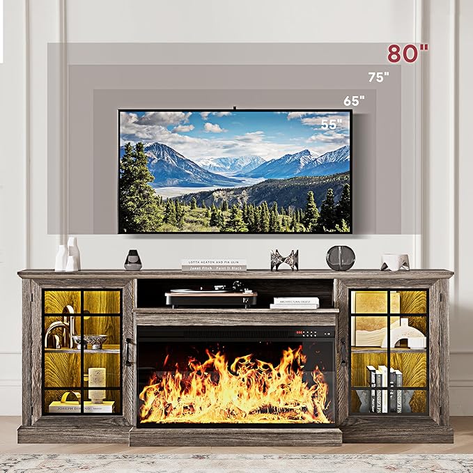 MXV 70'' Fireplace TV Stand, Farmhouse Entertainment Center with 3 Sided Glass TV Stand, Modern Media Console Table with Storage Drawers & Cabinets with LED Flame and Lights for Living Room, Gray