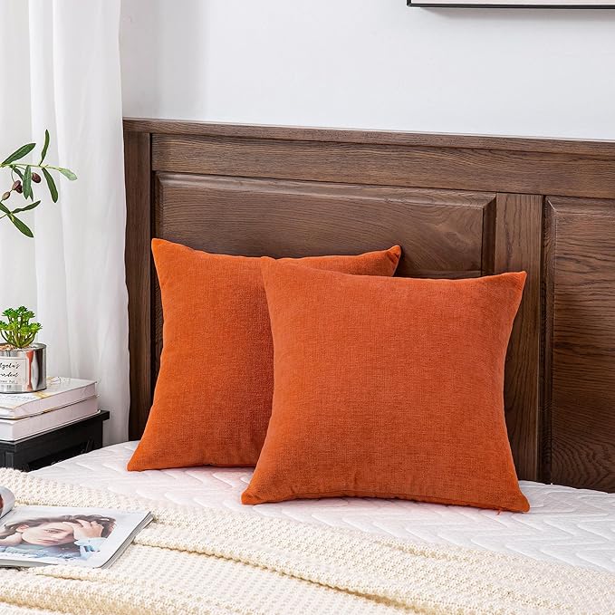 GAWAMAY Decorative Square Throw Pillow Covers 18"x18" Inch Set of 2, Super Soft Chenille Pillows Farmhouse Fall Pillowcase for Living Room Bedroom Sofa Couch Cushion Cover Burnt Orange 45x45cm