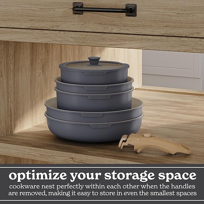 Country Kitchen Cookware Set with Removable Handle, Oven & RV Safe Pots and Pans Set, Grey/Ivory Wood Handle, Original