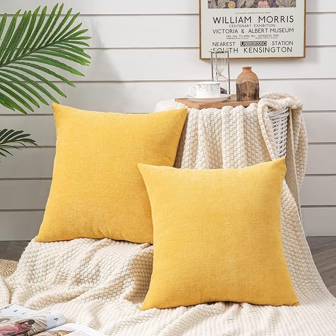 GAWAMAY Decorative Chenille Throw Pillow Covers 24x24 Inch Pack of 2, Soft Square Couch Pillow Cover for Sofa Cushion Living Room Bedroom Solid Dyed Pillowcases Mustard Yellow 60x60cm (ONLY Covers)