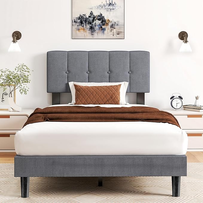 Sweetcrispy Twin Size Bed Frame - Fabric Upholstered Platform Bed with Headboard, 530LBS Sturdy Wooden Slats Support, No Box Spring Needed, Noise Free, Easy Assembly, Grey