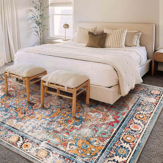 Washable Area Rug 9'x12' Boho Chic Medallion Distressed Design Non-Shedding Easy Care Ideal for High Traffic Areas in Living Room Bedroom Office Coffee Table Large Carpet