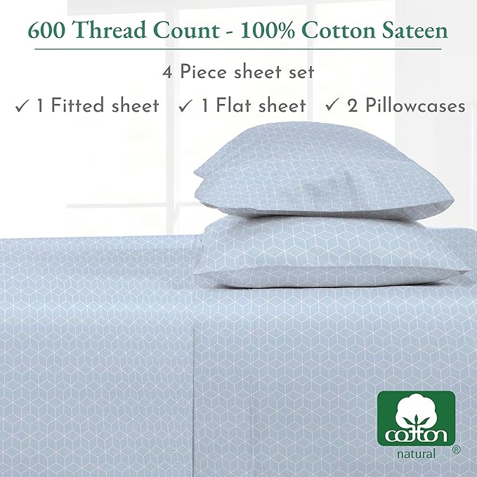 California Design Den Luxury King Size Sheet Set - 100% Cotton, 600 Thread Count Deep Pocket King Sheets, Hotel-Quality Bedding with Sateen Weave - Urban Geometric Print