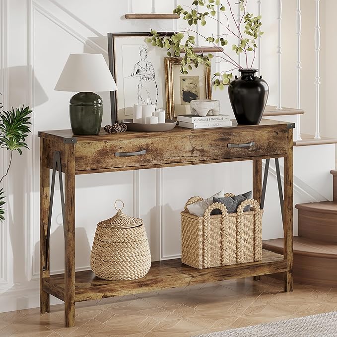ChooChoo 47'' Farmhouse Console Table with Drawer, Entryway Table with Storage Shelf, Rustic A-Design Sofa Table for Hallway, Entrance, Living Room, Rustic Brown