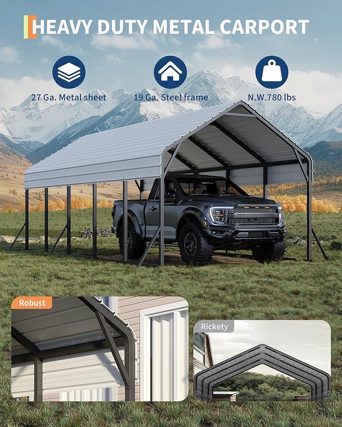 13'x26'x11' Oversized Metal Carport, Steel Heavy Duty Carport for All-Weather, Permanent Shelter for Boats, Pickup Trucks, and Tractors, N.W. 780 Lbs