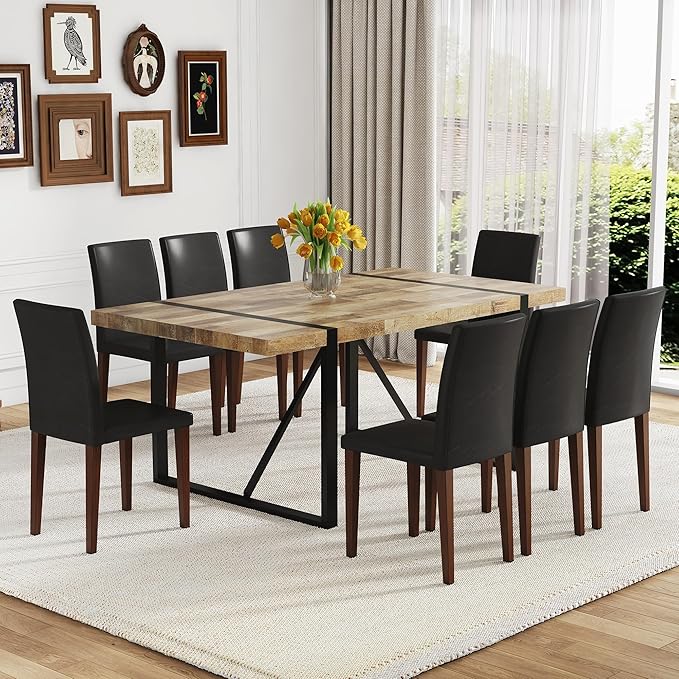 9 Piece Dining Table Set，Dining Room Table Set for 8，71'' Kitchen Table and PU Leather Chairs Set of 8，8 Chair Dining Table Set for Kitchen Dining Room