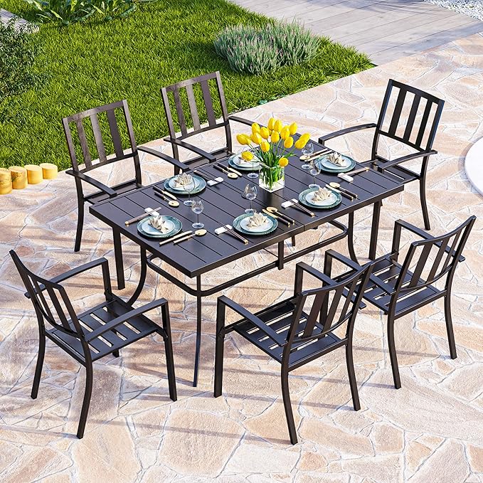 PHI VILLA 7 Piece Outdoor Dining Set for 6, 60” Rectangular Metal Dining Table with Umbrella Hole & 6 Steel Chairs for Patio, Deck, Yard