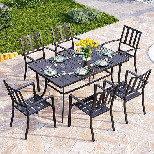 PHI VILLA 7 Piece Outdoor Dining Set for 6, 60” Rectangular Metal Dining Table with Umbrella Hole & 6 Steel Chairs for Patio, Deck, Yard