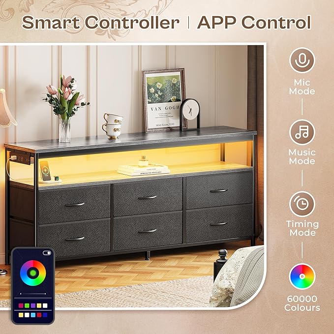 Huuger LED TV Stand for Bedroom, 55 Inch Fabric Dresser with Power Outlets, Entertainment Center for 60, 55, 50 Inch TV, 6 Drawer Dresser for Bedroom, Chest of Drawers with Shlef, PU Leather, Grey