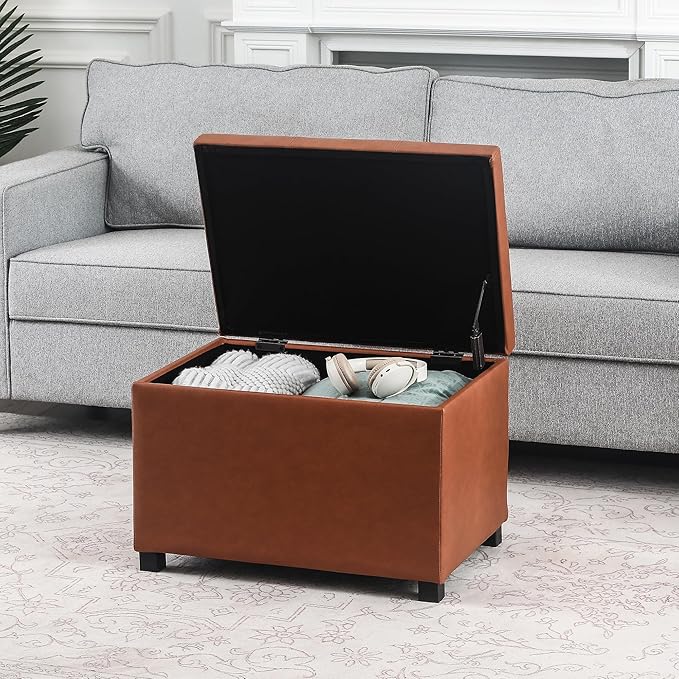 Asense 24'' Small Square Ottoman with Lift Off Lid, Storage Cube Leather Ottoman for Foot Rest, Footstool for Dorm, Living Room, Bedroom, Cognac Brown