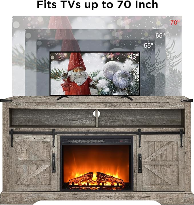 OKD Fireplace TV Stand for 65+ Inch TV, 33" Tall Highboy Farmhouse Entertainment Center w/ 23'' Electric Fireplace, Rustic Media Console w/Sliding Barn Door for Living Room, Light Rustic Oak