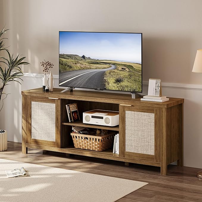 Rattan TV Stand for TVs up to 65'',Boho Entertainment Center with Adjustable Shelves, Mid Century Modern Media TV Console Cabinet with Rattan Doors for Living Roon Bedroom Caramel Oak LTV91BR