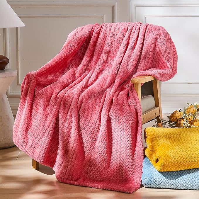 NEWCOSPLAY Super Soft King Blanket Coral Pink Premium Silky Flannel Fleece Leaves Pattern Lightweight Bed Blanket All Season Use (Coral Pink, King(90"x110"))