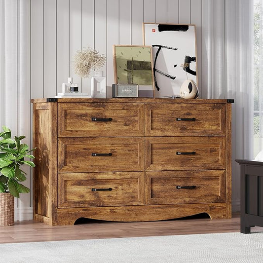 6-Drawer Dresser for Bedroom – 47" Wide Modern Wooden Chest with Natural Wood Texture, TV Stand & Storage, Metal Corner Brackets, Wood Drawer Organizer for Living Room, Hallway