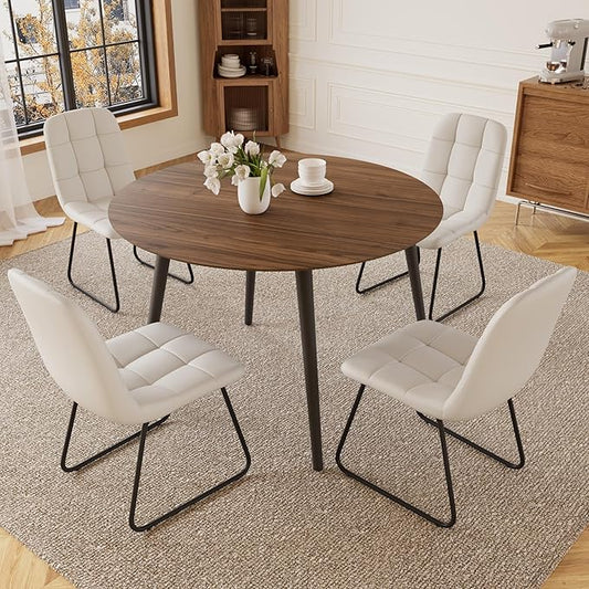 43.3 Inch Round Dining Table Set for 4, Modern Small Kitchen Coffee Set for Dining Room Kitchen Apartment (Walnut Table+4 U-Shaped White Chairs)