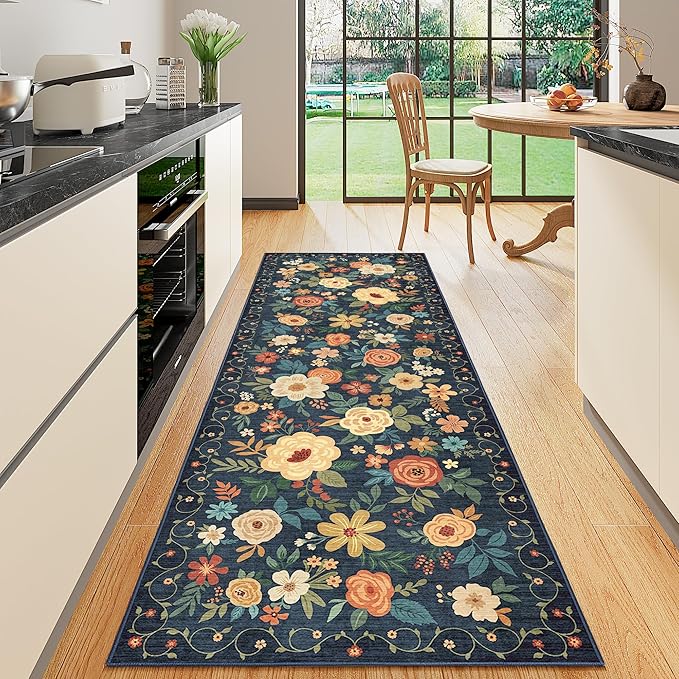 DUKINO Runner Rug, 2.6x8 Kitchen Rug for Hallway with Non Slip Backing, Washable Low Pile Soft Boho Floral Runner Carpet for Hallway, Kitchen, Entryway, Laundry, Bedroom, Dark Blue
