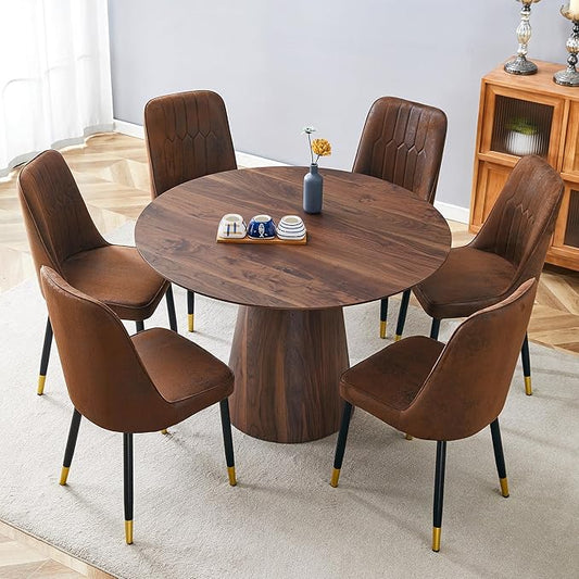 45 Inch Round Dining Table Set for 6, 7 Piece Kitchen Table and Chairs Set, Wooden Table with Walnut Finish, Small Space Dining Set for Apartment or Dining Room