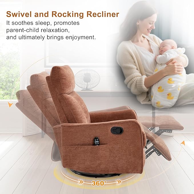 Manual Swivel Rocker Recliner Chair for Adults, Overstuffed Recliner Glider with Massage and Heat, Living Room Reclining Chair, Fabric Orange
