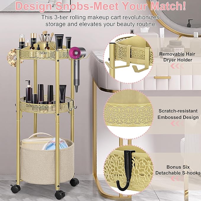 3-Tier Rolling Makeup Organizer Cart with Hair Dryer Holder - Salon-Grade Cosmetic Organizer, Mobile Bathroom Storage Cart for Skincare, Makeup Essentials -Locking Wheels (Gold Finish)