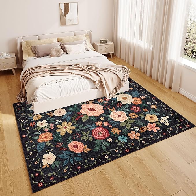 DUKINO 9x12 Area Rug, Floral Rugs for Living Room, Lightweight Non Slip Washable Rug, Indoor Low Pile & Non-Shedding Boho Design Rugs for Bedroom, Living Room, Dining Room, Black