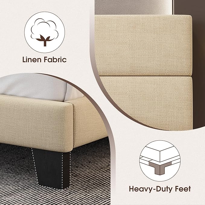 WEEWAY King Bed Frame Platform Bed with Linen Fabric Upholstered Headboard and Wooden Slats Support, Heavy Duty Mattress Foundation, No Box Spring Needed, Easy Assembly, Beige
