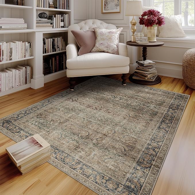 FMFUNCTEX 4x6 Washable Area Rug Neutral Vintage Brown Distressed Non Slip Low Pile Retro Indoor Carpet for Entryway Living Room Bedroom Soft Mat Throw Rug for Dining Office Kitchen Entryway, Multi