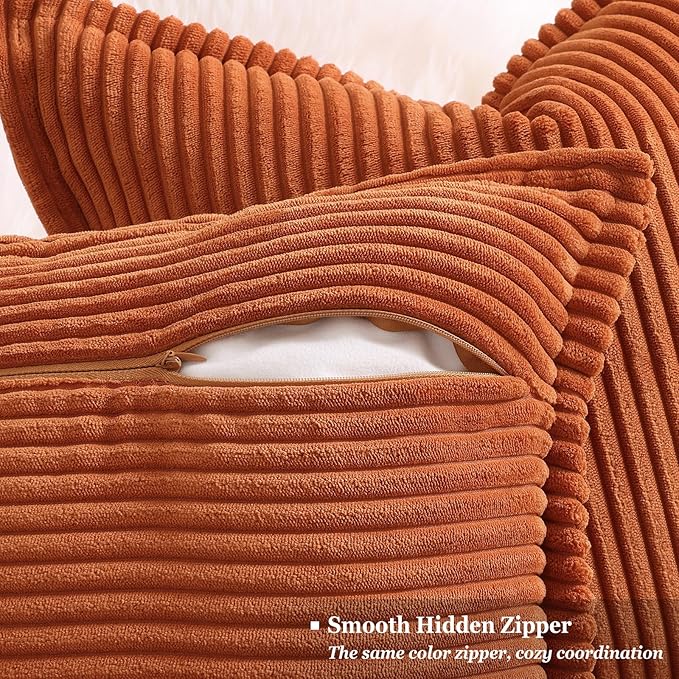 decorUhome Fall Corduroy Rust Throw Pillow Covers 20x20 Set of 2 Decorative Soft Boho Striped Neutral Euro Farmhouse Couch Pillow Covers with Broadside for Living Room Bed Sofa
