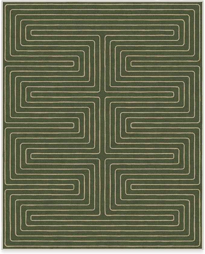 RUGGABLE x Jonathan Adler Machine Washable Modern Area Rug – Labyrinth Fern Green 8x10, Stain-Resistant, Non-Slip – Large Rugs for Living Room, Bedroom, Hallway, Entryway & Office–with Standard Pad