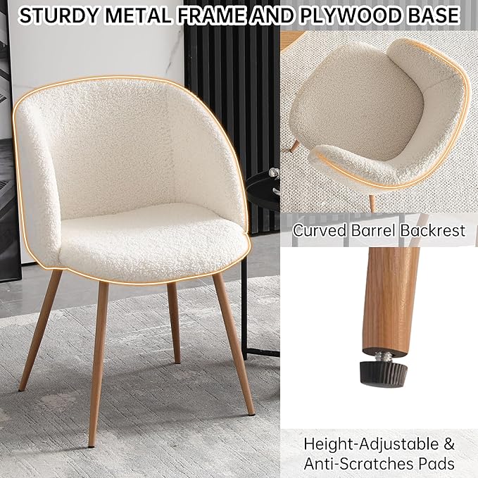 47" Round Kitchen Dining Table Set for 4, Two-Part White Marble Tabletop with Wood Strips, Industrial Home Kitchen Table Set with Off White Sherpa Barrel Dining Accent Side Chairs Comfy