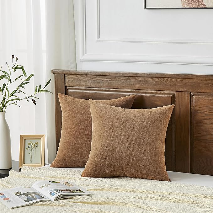GAWAMAY Decorative Square Throw Pillow Covers 20"x20" Inch Set of 2, Super Soft Chenille Pillows Farmhouse Fall Pillowcase for Living Room Bedroom Sofa Couch Cushion Cover Brown 50x50cm (No Inserts)