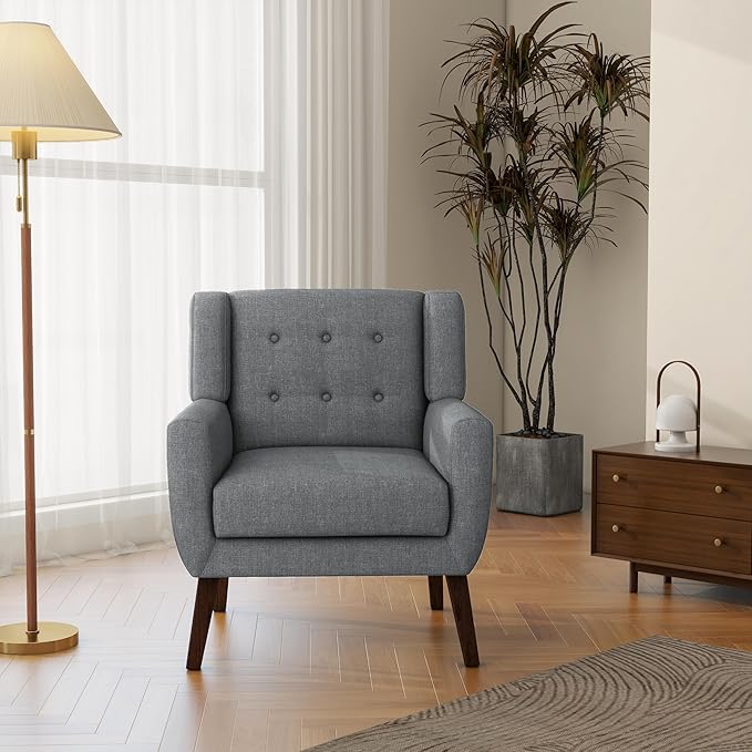 Accent Chair, Mid-Century Modern Fabric Chairs with Arms for Living Room, Comfy Upholstered Club Single Sofa Armchair for Bedroom Waiting Room with Solid Wood Frame (Fabric Grey, Set of 2)