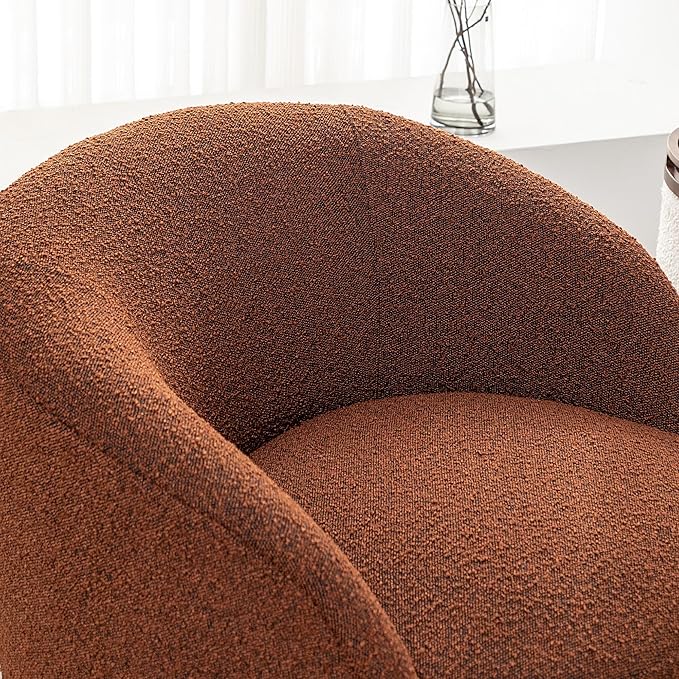 KINWELL 34" W Swivel Barrel Chair Set of 2, Mid Century Modern Round Upholstered Boucle Swivel Accent Chairs, No Assembly Sofa Chair for Living Room Bedroom Reading, Brown