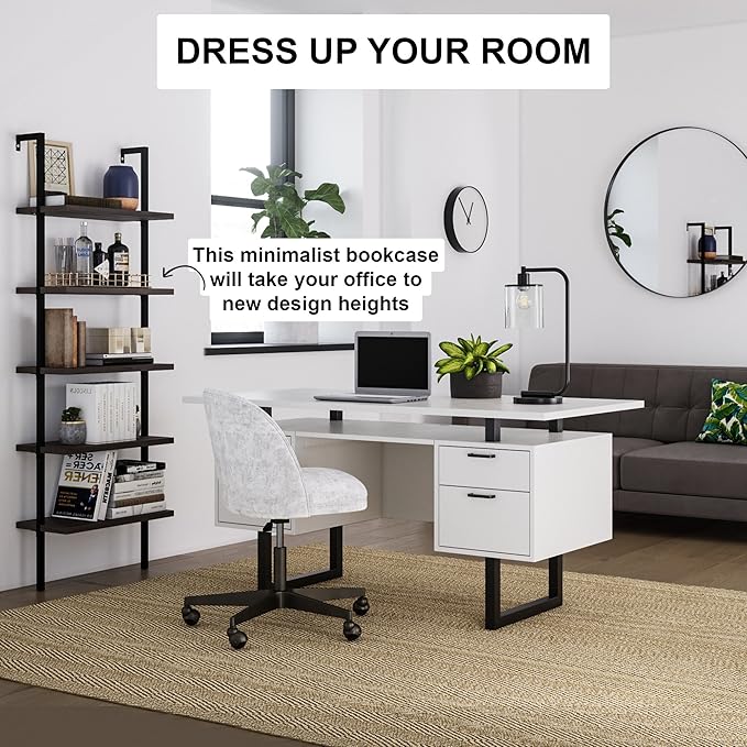 Nathan James Theo 5-Shelf Wood Modern Bookcase, Open Wall Mount Ladder Bookshelf with Industrial Metal Frame, Dark Walnut Brown/Black, Set of 4