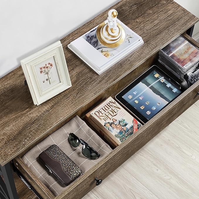 Yaheetech Console Table with Drawer and 2 Open Storage Shelves, Sofa Table for Living Room, 3-Tier Narrow Entryway Table, X-Shaped Design, Taupe Wood