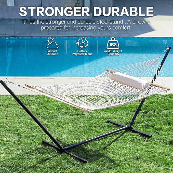 PNAEUT Double Rope Hammock with Stand Included, 12ft Heavy Duty Stand, 2 Person Traditional Cotton Rope Hammocks with Pillow for Outside Porch Patio Backyard Outdoor, Max 475lbs Capacity (Burlywood)